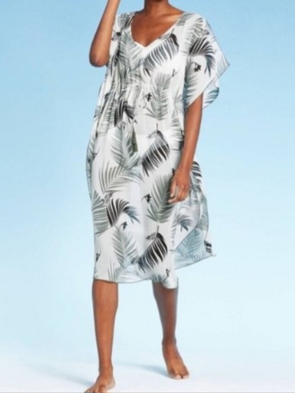 Kona Sol Tropical Leaf Print Cover-Up Dress Size L Lightweight Beach Kaftan